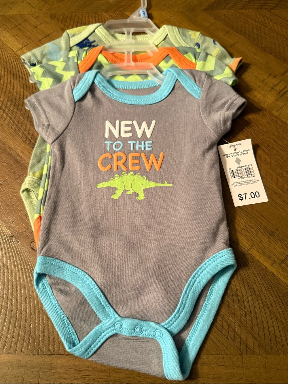 Kidgets Gray & Aqua 'New to the Crew' Dino One-Piece Bodysuit